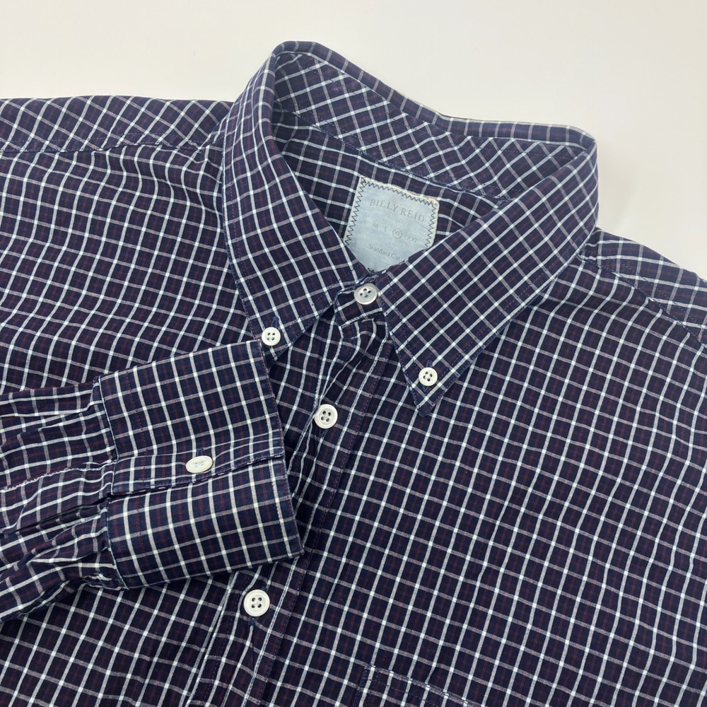 Billy Reid Navy Blue Plaid Check Button Down Shirt Standard Cut Men's Medium